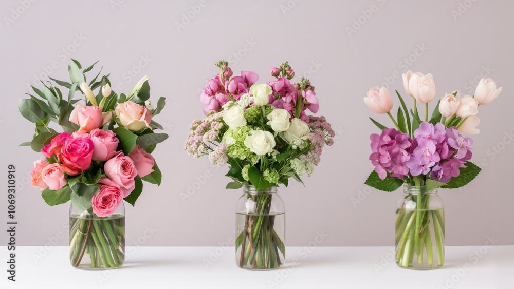 Three flower bouquets in glass vases with pink, white, and purple flowers on a light background. Concept of floral decor and spring celebration Three flower bouquets in glass vases with pink, white, and purple flowers on a light background. Concept of floral decor and spring celebration