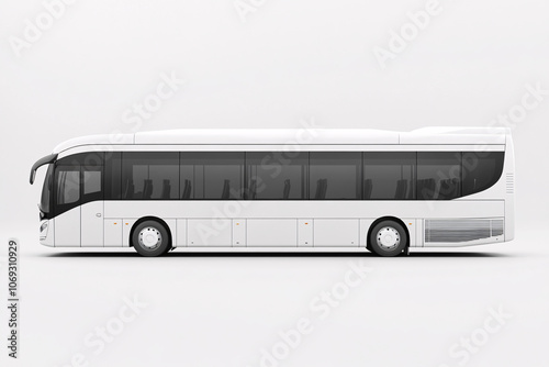 A modern minimalist side view of a white passenger bus with black tinted windows on a blank white background
