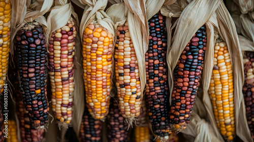 A close-up of ripe corn ears hanging on the stalks, showcasing the bounty of the harvest season.