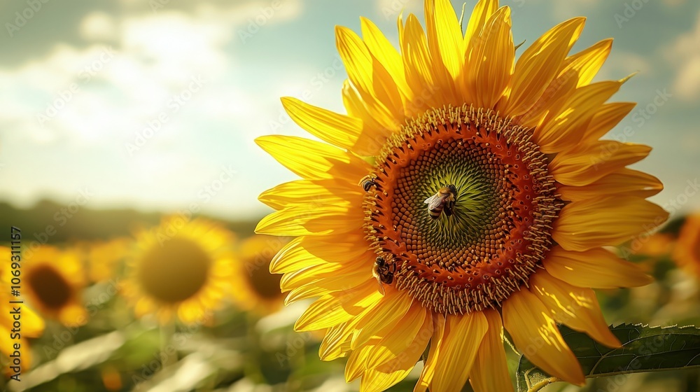 Sunflower blooms in a vibrant field at sunset with bees pollinating under warm light Sunflower blooms in a vibrant field at sunset with bees pollinating under warm light