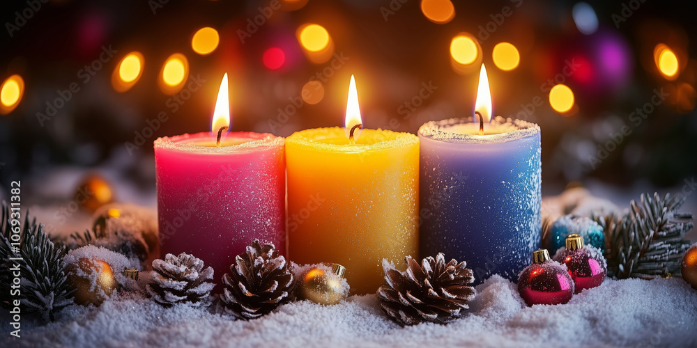 Festive candles glowing brightly among pinecones and colorful ornaments Festive candles glowing brightly among pinecones and colorful ornaments