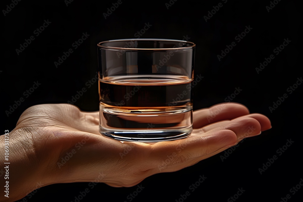 A Hand Holding a Glass of Amber Liquid Against a Dark Background A Hand Holding a Glass of Amber Liquid Against a Dark Background