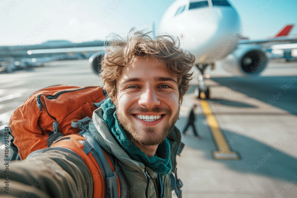 Joyful young traveler capturing a selfie at the airport before his adventure Joyful young traveler capturing a selfie at the airport before his adventure