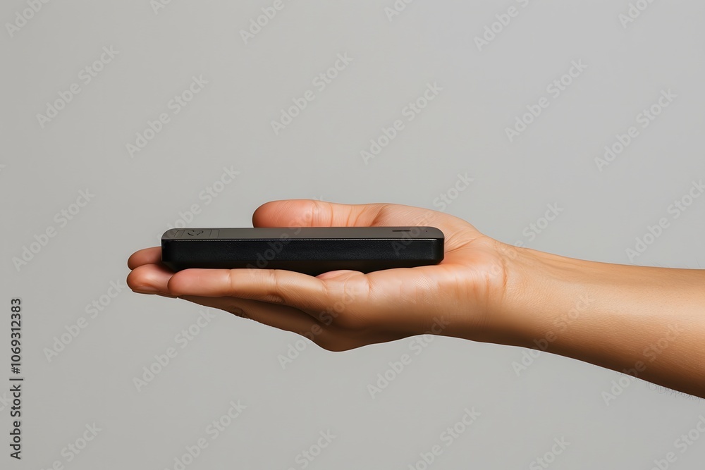 Sleek Black Device Held in Hand Against a Neutral Background Sleek Black Device Held in Hand Against a Neutral Background