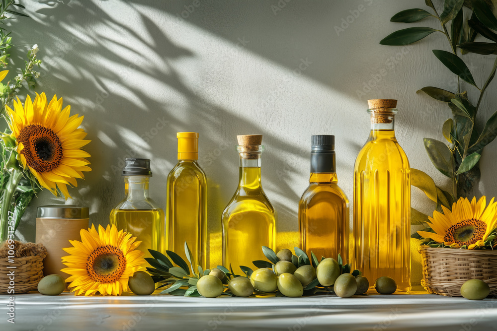A beautiful arrangement of olive oils and sunflowers on a white background A beautiful arrangement of olive oils and sunflowers on a white background