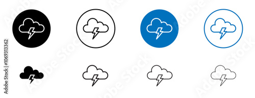 Cloud lightning icon set in black and blue colors