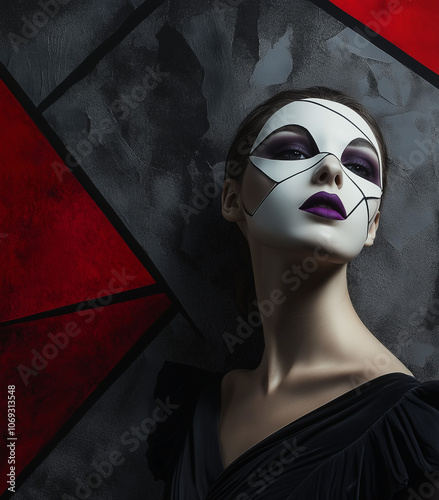 A portrait of an elegant woman with a marble statue head, mask resembling Mahony's Head, matte purple lipstick, set against a bold grey and red color block background. photo