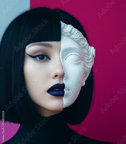 A portrait of an elegant woman with a marble statue head, mask resembling Mahony's Head, matte purple lipstick, set against a bold grey and red color block background. photo