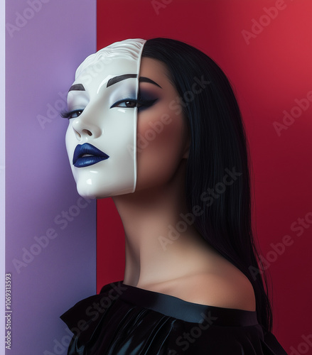 A portrait of an elegant woman with a marble statue head, mask resembling Mahony's Head, matte purple lipstick, set against a bold grey and red color block background. photo