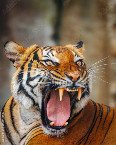 Sticker A tiger is shown with its mouth wide open, showing its teeth