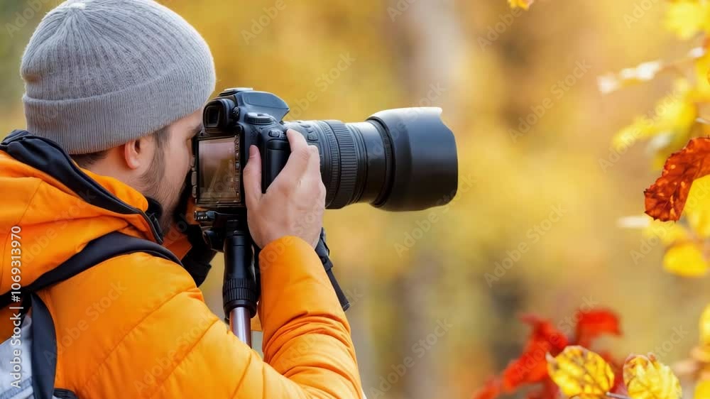 A photographer in a bright orange jacket focuses on capturing the striking fall foliage in a beautiful forest landscape A photographer in a bright orange jacket focuses on capturing the striking fall foliage in a beautiful forest landscape