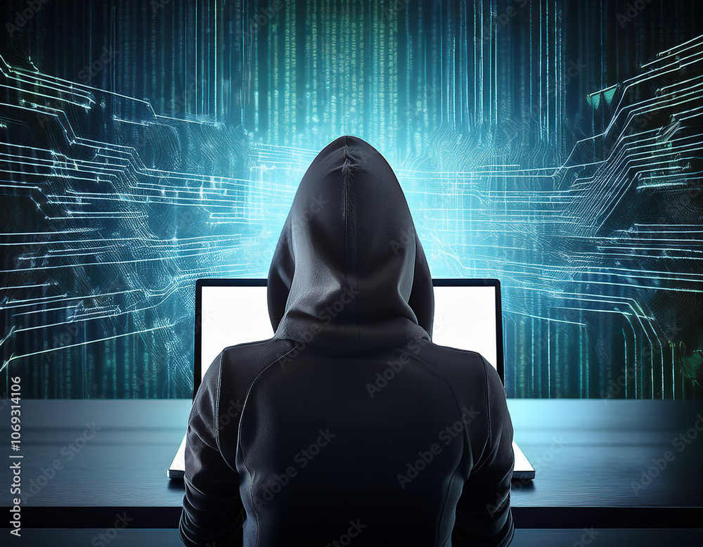 a hacker with a hood on his head and his face hidden in front of a laptop a hacker with a hood on his head and his face hidden in front of a laptop