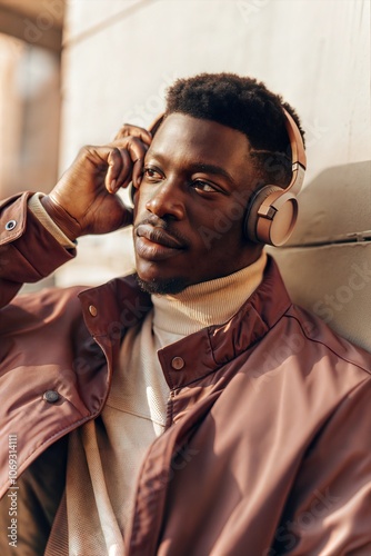 Stylish Man Listening to Music on Wireless Headphones