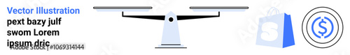 Balance scale in center represents equilibrium. E-commerce shopping bag icon on right. Currency symbol circle suggests finances. Ideal for e-commerce, finances, shopping, currency, balance. Landing