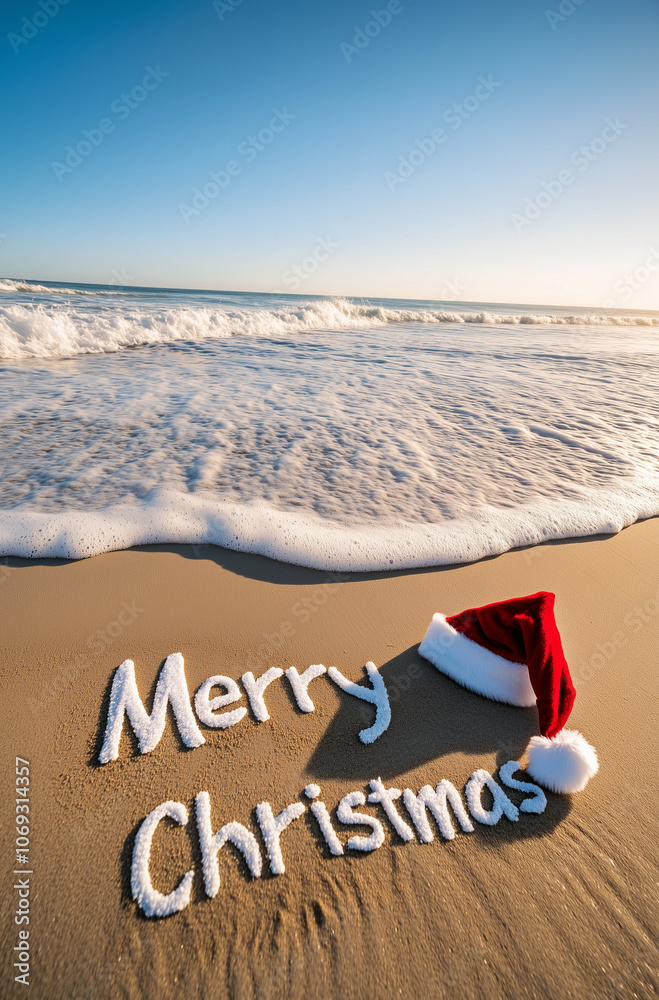 A photograph of the text 'Merry Christmas' written in white sand on a beach, with a red Santa hat lying next to it. The background features a blue sky and the ocean.