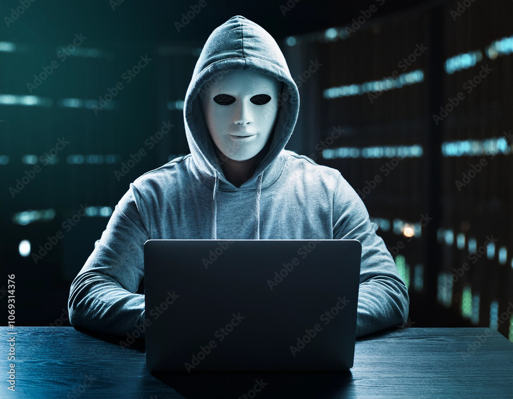a hacker with a mask on his face in front of a laptop a hacker with a mask on his face in front of a laptop