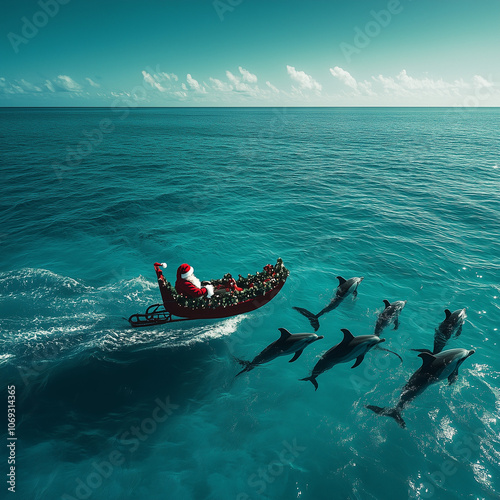 Santa in his sleigh, pulled by dolphins on the beach, with a blue sky and clear water.Minimal creative surreal Christmas holiday concept.Copy space. 