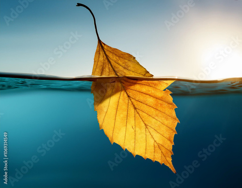 Close-up with a yellowed leaf in the water, underwater photo