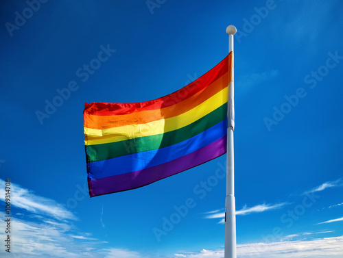 LGBT flag waving in the wind with blue sky in the background