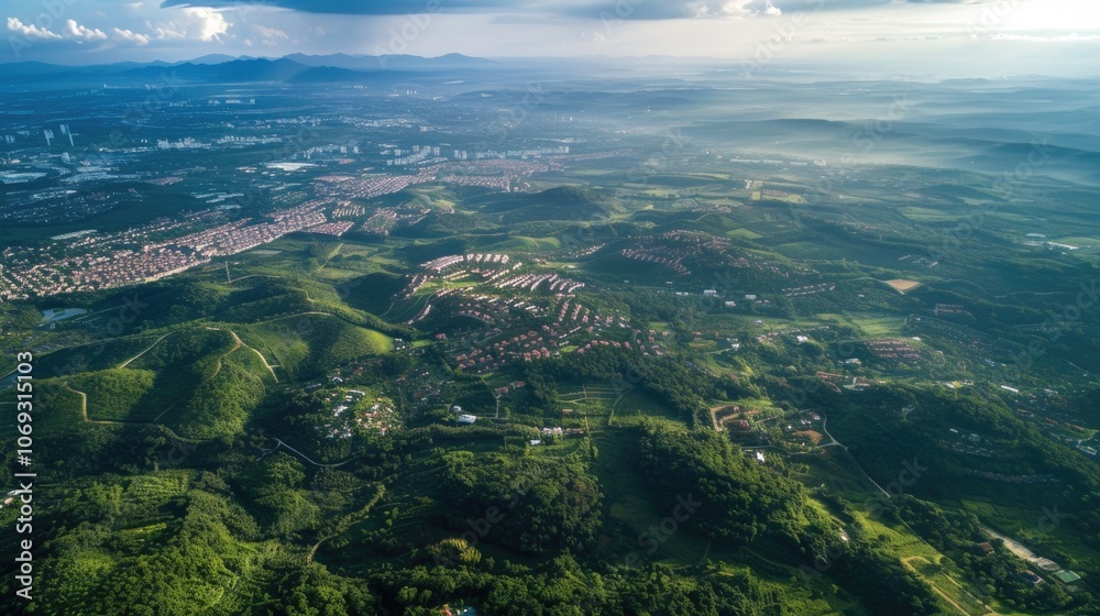 Aerial view of urban sprawl and natural landscapes highlighting expansion