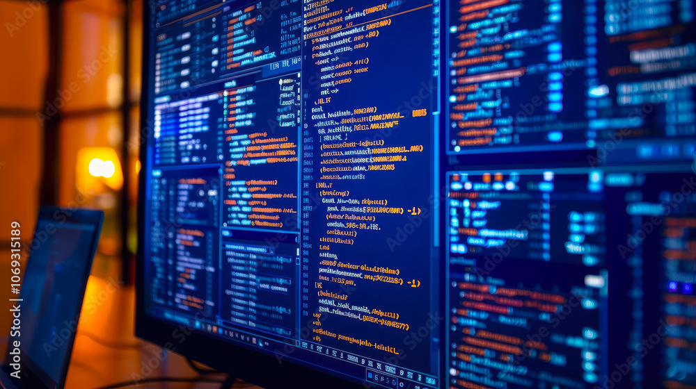 Close-Up of Computer Monitors Displaying Programming Code in a Dimly Lit Office, Evening Work Environment, Software Development, Night Coding Session, Debugging, and Programming Language Syntax Close-Up of Computer Monitors Displaying Programming Code in a Dimly Lit Office, Evening Work Environment, Software Development, Night Coding Session, Debugging, and Programming Language Syntax