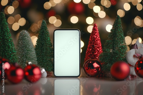 Festive mobile phone mockup with white blank screen, surrounded by red green Christmas decorations. Perfect for holiday designs and promos. photo