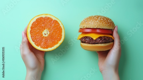 Set against a calming teal backdrop, this image displays hands holding a slice of fresh orange and a divinely cheesy burger, evoking choice and sensory experience. photo