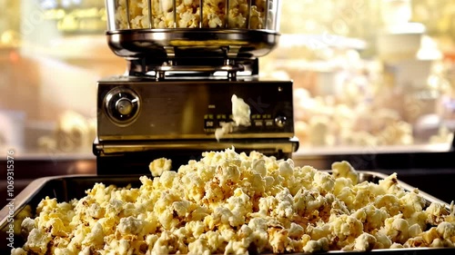 Classic popcorn machine with popping kernels under warm light