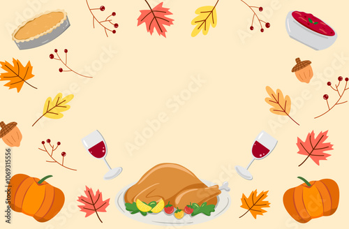 Thanksgiving day border, Autumn and fall season border frame decorate with autumns leaves, maple, pumpkin and thanksgiving dinner