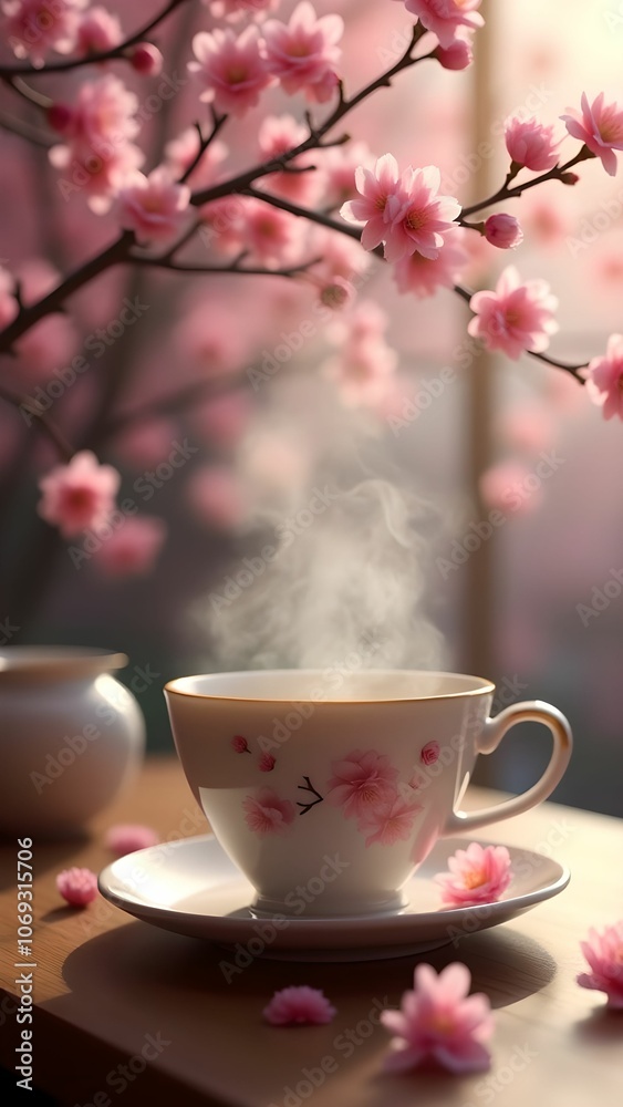 Tea parties with cherry blossoms and steam Tea parties with cherry blossoms and steam
