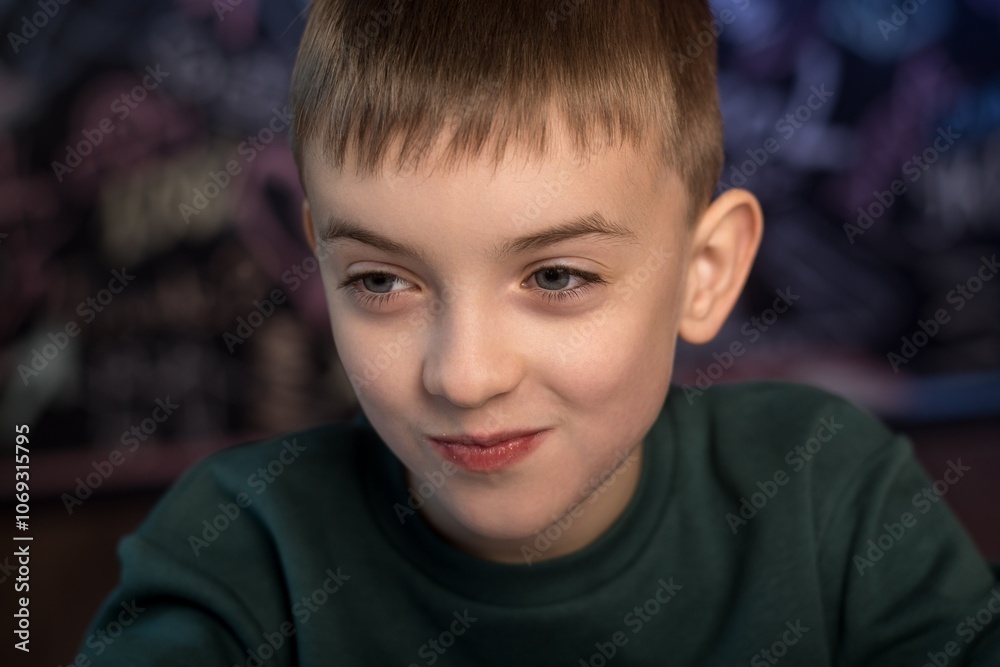 Close-up portrait of a smiling boy with a thoughtful look, wearing a green sweatshirt. Perfect for themes of childhood, curiosity, and innocence. Close-up portrait of a smiling boy with a thoughtful look, wearing a green sweatshirt. Perfect for themes of childhood, curiosity, and innocence.