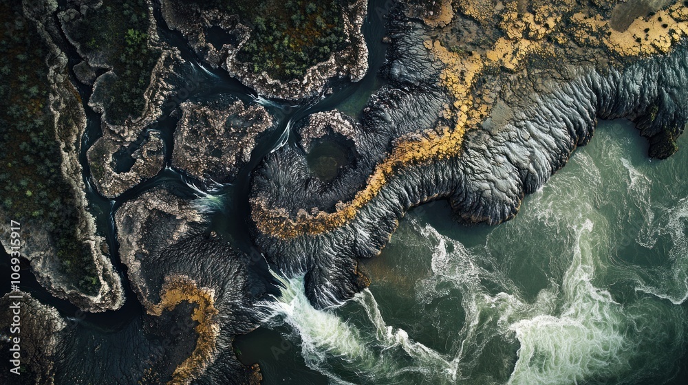 Obraz premium Aerial View of a River Flowing Through Rocky Terrain