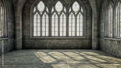 A large, empty room with stone walls and a series of arched windows, showcasing the light filtering through the stained glass