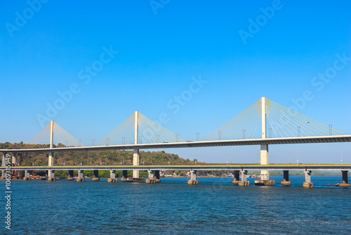Panaji, Goa, India. View of Atal Setu Bridge between Panaji and Porvorim is 5.1 kilometres long, making it the third longest cable-stayed bridge in India. photo