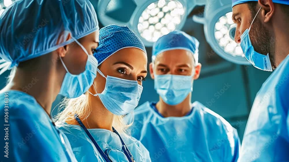 A diverse surgical team focuses intensively on a complex procedure in an operating room. The female lead surgeon, flanked by her male and female assistants, all in blue scrubs and masks, exemplifies