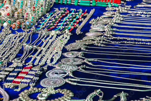 Beautiful indian jewelry at flea market in Anjuna, Goa, India.