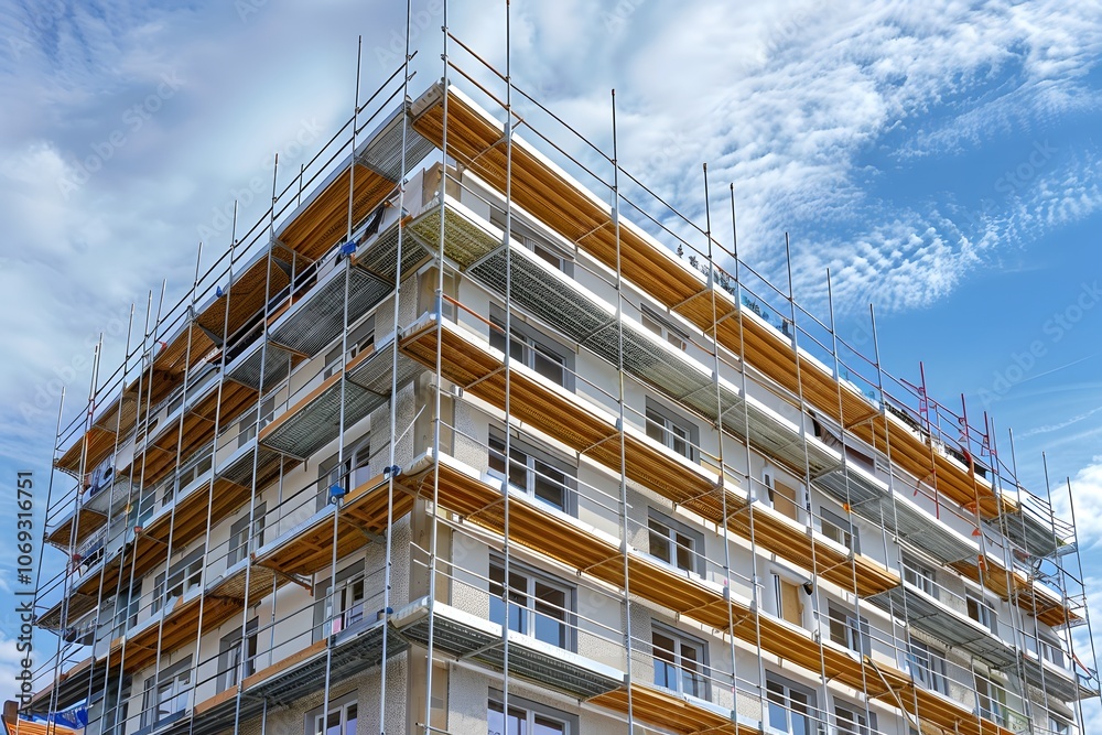 Modern Building Under Construction with Scaffolding Against a Blue Sky Modern Building Under Construction with Scaffolding Against a Blue Sky