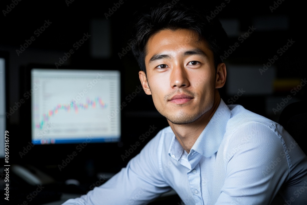 Fototapeta premium A focused man sits by his computer monitor analyzing market trends, filled with charts and graphs indicating business analysis and economic forecast.
