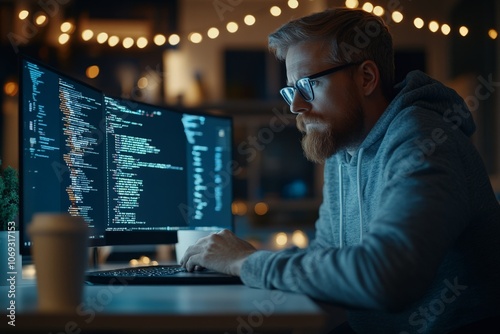 A bearded man in glasses and a hoodie works intensely at his desk, coding on two monitors, with a cozy atmosphere created by string lights in the background. photo