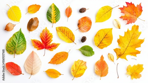 Assortment of bright autumn leaves isolated on white