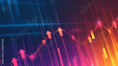 An abstract, colorful graph with rising arrows and lines suggests growth and upward trends. Its gradient hues of blue, purple, and orange add visual depth and dynamism.