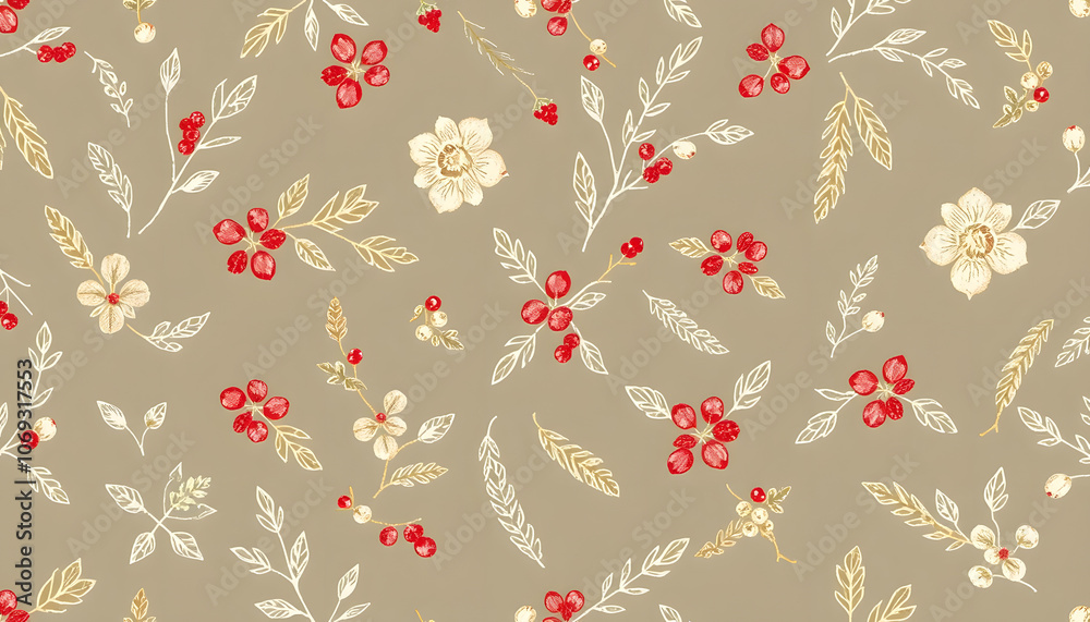 Vector hand drawn seamless pattern with Christmas natural herbal, one line art Vector hand drawn seamless pattern with Christmas natural herbal, one line art