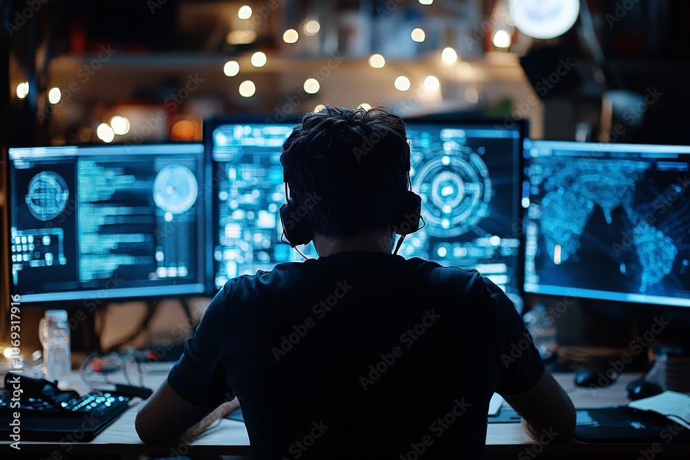 A person wearing headphones is intently focusing on three computer screens displaying data and analytics, surrounded by a softly lit room with decorative lights. A person wearing headphones is intently focusing on three computer screens displaying data and analytics, surrounded by a softly lit room with decorative lights.