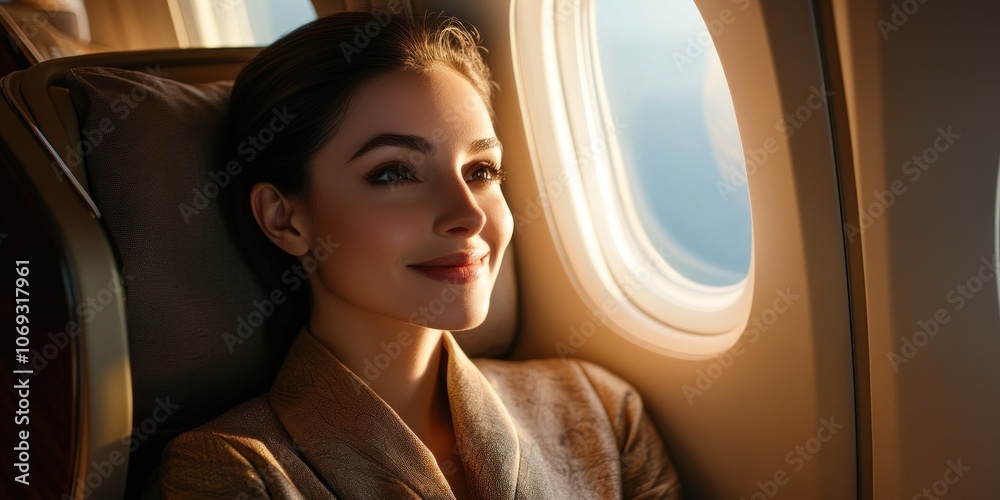 A woman dressed elegantly sits by the window in a business class airplane cabin. She smiles softly while gazing outside experiencing a moment of joy and serenity during her flight A woman dressed elegantly sits by the window in a business class airplane cabin. She smiles softly while gazing outside experiencing a moment of joy and serenity during her flight