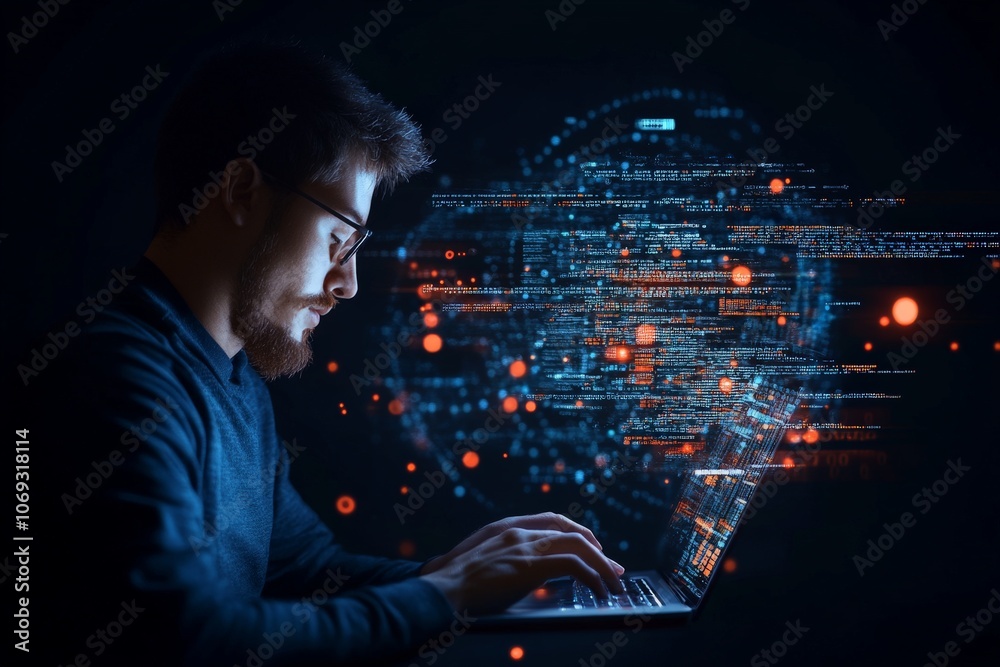 A focused programmer works on a laptop amidst swirling digital code, capturing the essence of coding and software development in the digital age.