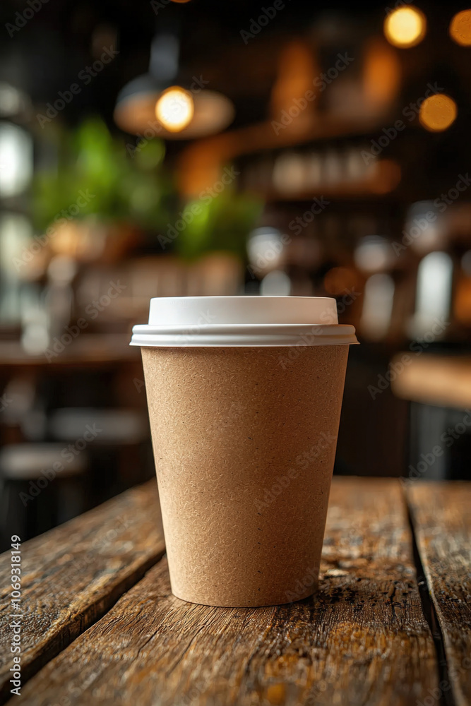 Warm coffee cup on rustic wooden table in a cozy caf? during afternoon Warm coffee cup on rustic wooden table in a cozy caf? during afternoon