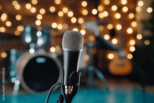 A microphone is positioned in the foreground with blurred lights and musical instruments in the background, invoking feelings of performance, music, and stage presence. photo