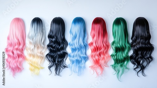 Back view of various colorful long wigs for women in black green blue and red isolated on white