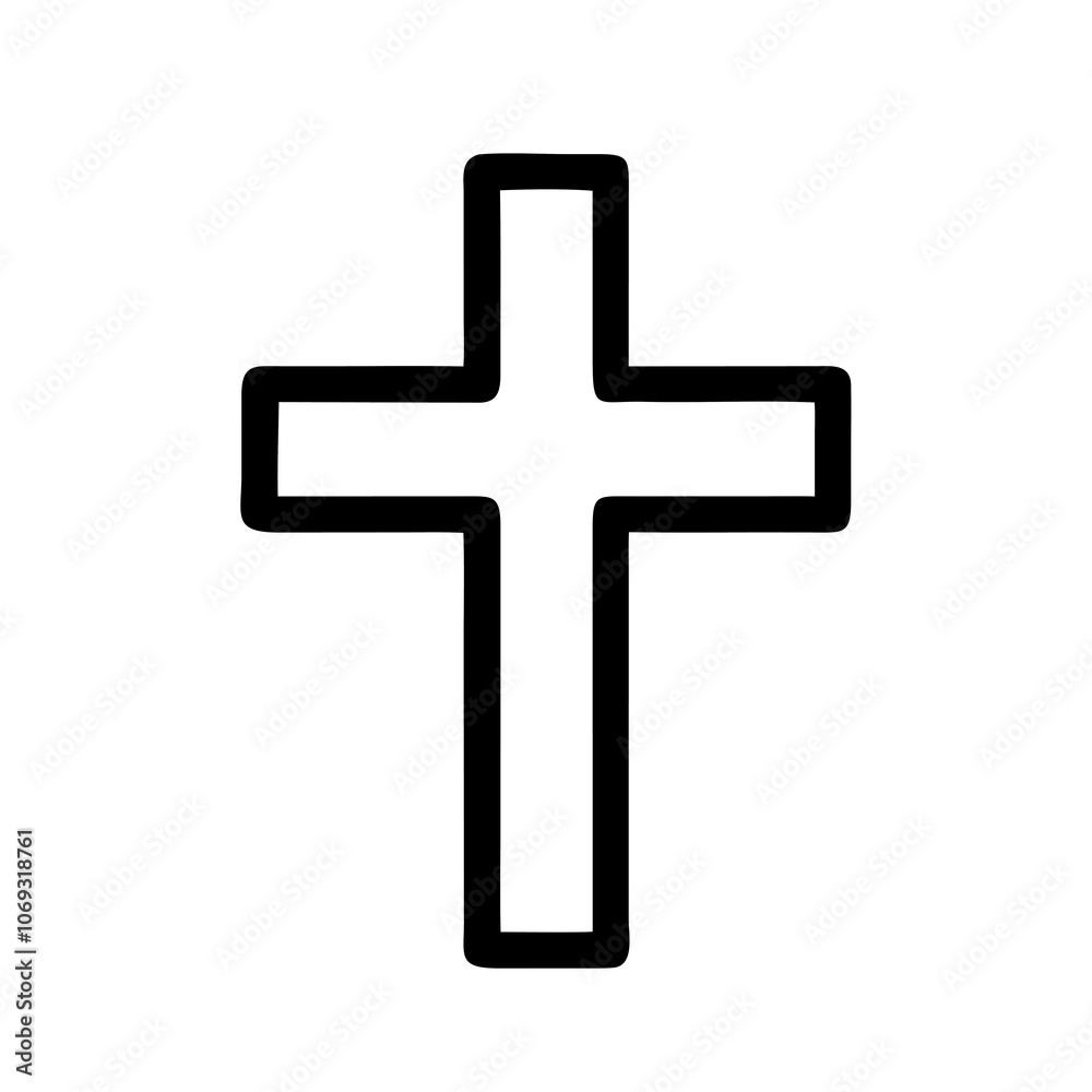 A simple black outline of a cross is set against a plain white background A simple black outline of a cross is set against a plain white background