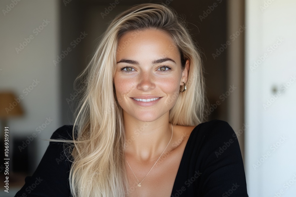 A smiling woman with long blonde hair is captured in a casual setting, radiating joy and confidence, embodying beauty and authenticity. A smiling woman with long blonde hair is captured in a casual setting, radiating joy and confidence, embodying beauty and authenticity.